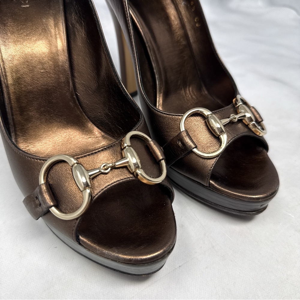 GUCCI Vintage Y2K Hollywood Horsebit Metallic Leather Platform Pump Heels Bronze - Picture 3 of 16